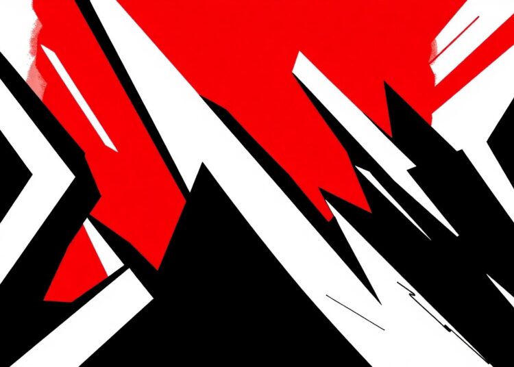 A striking abstract illustration featuring bold, angular shapes in black, white, and red, conceptually representing the convergence of entertainment and politics in Washington, D.C.