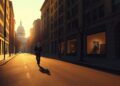 A cinematic painting of a lone politician walking down a deserted Capitol Hill street, the warm sunlight and deep shadows creating a sense of solitude and contemplation.