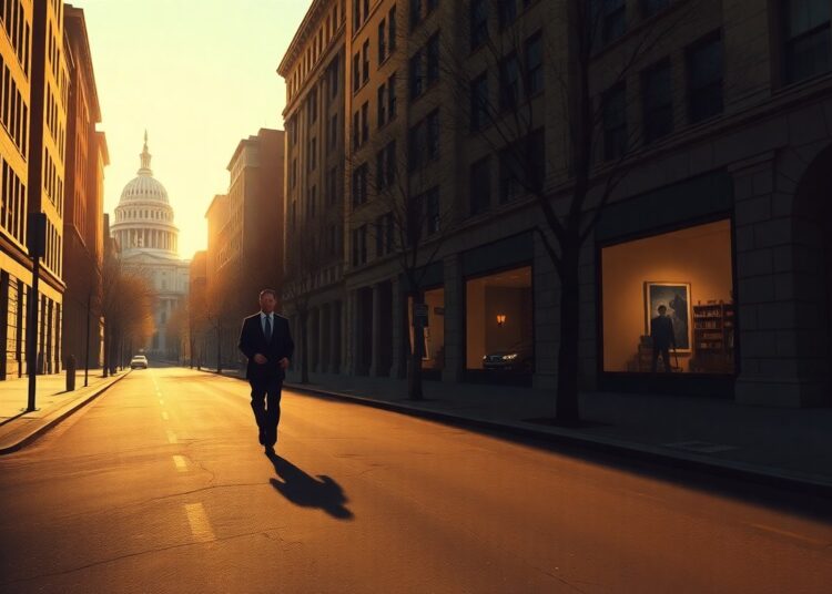 A cinematic painting of a lone politician walking down a deserted Capitol Hill street, the warm sunlight and deep shadows creating a sense of solitude and contemplation.
