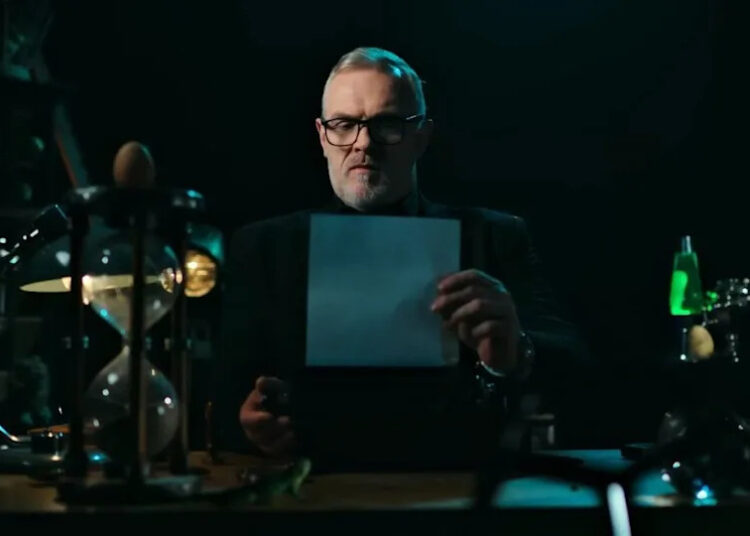 Greg Davies typing during the Taskmaster intro.