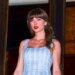 Taylor Swift seen in New York's West Village on April 27, 2026. The pop star filed three trademark applications claiming her voice and image last Friday.