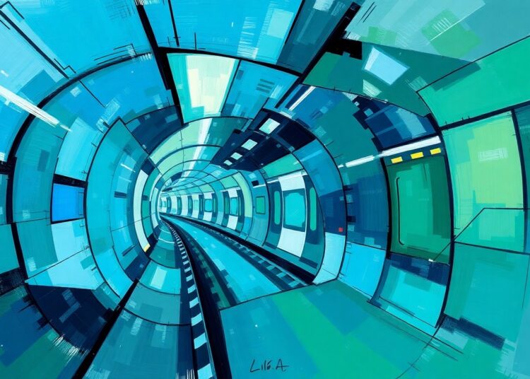 A dynamic, abstract painting featuring overlapping, fractured geometric shapes in shades of blue, green, and gray, conceptually representing the high-speed underground transportation system of the Music City Loop project.