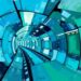 A dynamic, abstract painting featuring overlapping, fractured geometric shapes in shades of blue, green, and gray, conceptually representing the high-speed underground transportation system of the Music City Loop project.
