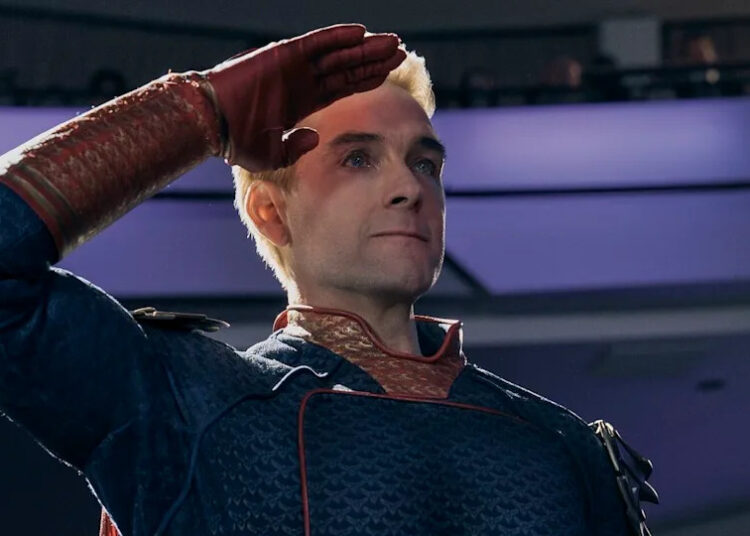 Homelander saluting A-Train's death with teary eyes in The Boys Season 5.