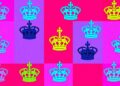 A bold, colorful silkscreen print featuring a repeated royal crest icon in neon shades of blue, pink, and yellow, with heavy black outlines, conceptually representing the evolving personalities and roles of the young royals.