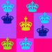 A bold, colorful silkscreen print featuring a repeated royal crest icon in neon shades of blue, pink, and yellow, with heavy black outlines, conceptually representing the evolving personalities and roles of the young royals.