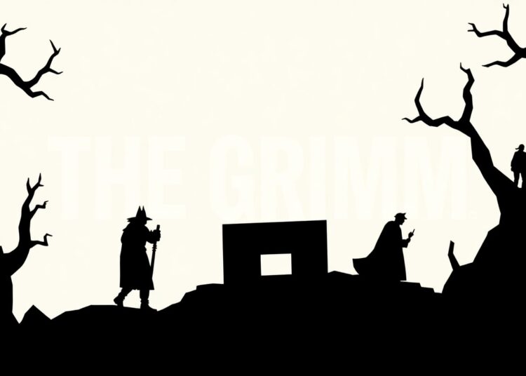 A striking black and white abstract illustration featuring jagged, geometric shapes and silhouettes, conceptually representing the dark, fairy tale-inspired music of the band The Grimm®.