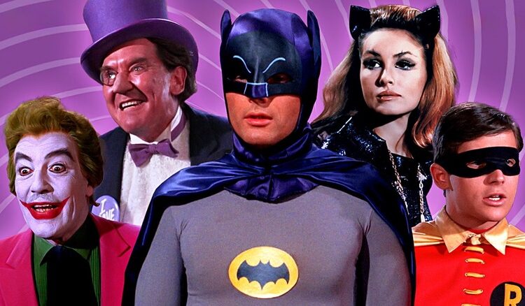 Batman, Joker, Catwoman, Penguin, and Robin on a purple background