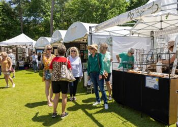 Attendees visit vendor booths at The Woodlands Waterway Arts Festival