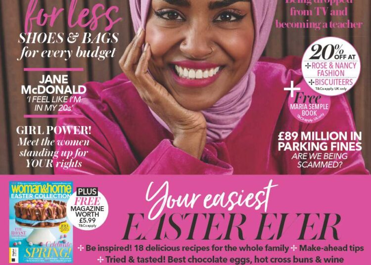 The front cover of the April 2026 issue of woman&amp;home magazine, featuring Nadiya Hussain wearing raspberry pink