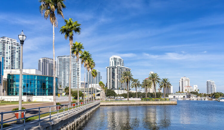 waterfront promenade with skyline in downtown St. Petersburg, Florida
