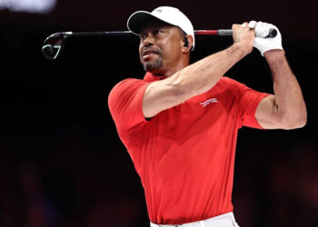 Tiger Woods of Jupiter Links Golf Club plays a shot during their TGL presented by SoFi match against the Atlanta Drive GC at SoFi Center on March 04, 2025 in Palm Beach Gardens, Florida.