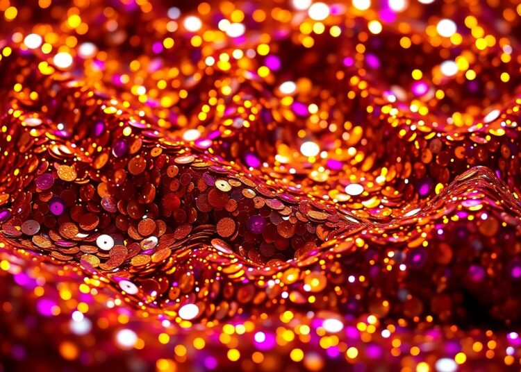 An extreme close-up photograph of shimmering, glittering sequins in a variety of vibrant colors, capturing the luxurious, high-fashion aesthetic of the music industry.