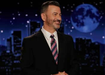 This image released by Disney shows Jimmy Kimmel hosting his late night show "Jimmy Kimmel Live!" in Los Angeles on Tuesday, Sept. 23, 2025. (Randy Holmes/Disney via AP)