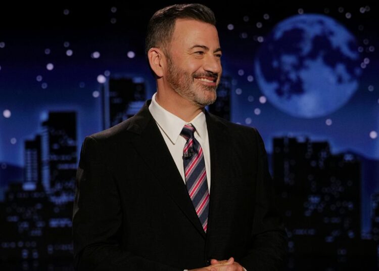 This image released by Disney shows Jimmy Kimmel hosting his late night show "Jimmy Kimmel Live!" in Los Angeles on Tuesday, Sept. 23, 2025. (Randy Holmes/Disney via AP)