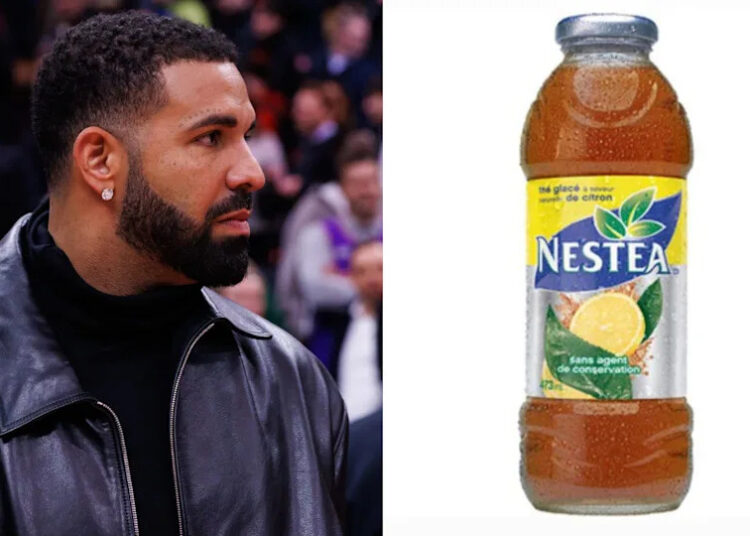 Drake in a leather jacket next to a bottle of Nestea iced tea.