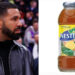 Drake in a leather jacket next to a bottle of Nestea iced tea.