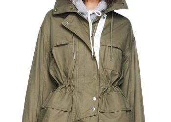 Stylish olive green jacket with a hood and drawstring waist.