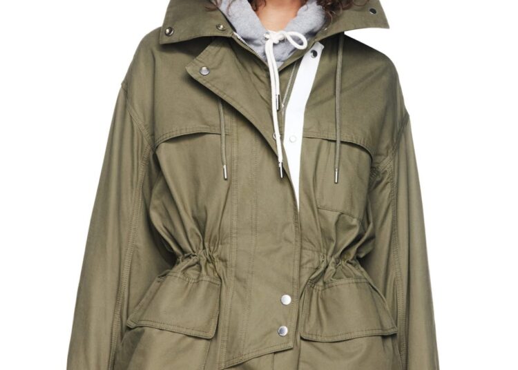 Stylish olive green jacket with a hood and drawstring waist.