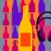 A bold, colorful silkscreen-style illustration featuring a wine bottle and a pair of headphones repeated in a grid pattern, representing the fusion of wine and hip hop culture at Vin et Hip Hop events.