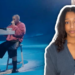 A cutout of Maya over a background that shows Justin Bieber sitting at a desk on stage, holding a microphone and scrolling on a laptop.