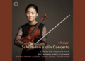 A woman in black holds a violin and bow against a gray background. Text reads: Midori Schumann Violin Concerto with details about the recording and performers.