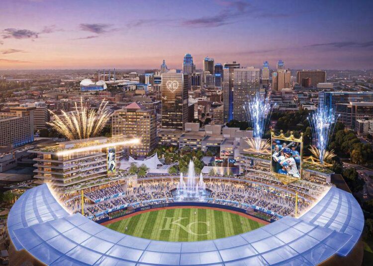 Renderings of the Royals proposed new ballpark revealed on April 22, 2026.