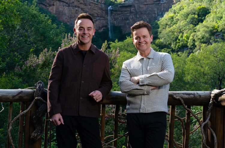 two individuals standing on a wooden balcony with lush greenery in the background