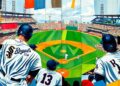 A cubist-style painting depicting a baseball game, with the players and field broken down into overlapping geometric shapes and planes in the colors of the White Sox and Royals uniforms.