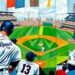 A cubist-style painting depicting a baseball game, with the players and field broken down into overlapping geometric shapes and planes in the colors of the White Sox and Royals uniforms.