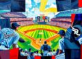 A cubist, geometric painting depicting a baseball game, with the players and field fragmented into overlapping planes of bright, clashing colors representing the uniforms of the Kansas City Royals and Chicago White Sox.