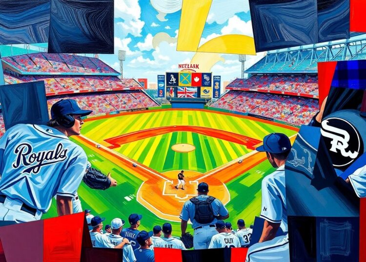 A cubist, geometric painting depicting a baseball game, with the players and field fragmented into overlapping planes of bright, clashing colors representing the uniforms of the Kansas City Royals and Chicago White Sox.