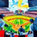 A cubist, geometric painting depicting a baseball game, with the players and field fragmented into overlapping planes of bright, clashing colors representing the uniforms of the Kansas City Royals and Chicago White Sox.