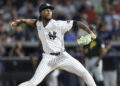 New York Yankees pitcher Angel Chivilli (57) throws a pitch against the Pittsburgh Pirates in the fifth inning during spring training at George M. Steinbrenner Field