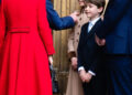 King Charles III and Queen Camilla greet Princess Charlotte of Wales, Prince Louis of Wales and Prince William, Prince of Wales as they attend the 2026 Easter Matins Service at St George's Chapel on A