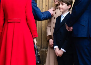 King Charles III and Queen Camilla greet Princess Charlotte of Wales, Prince Louis of Wales and Prince William, Prince of Wales as they attend the 2026 Easter Matins Service at St George's Chapel on A