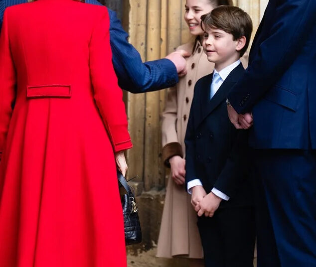 King Charles III and Queen Camilla greet Princess Charlotte of Wales, Prince Louis of Wales and Prince William, Prince of Wales as they attend the 2026 Easter Matins Service at St George's Chapel on A