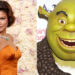Zendaya in an orange dress on the left, and Shrek, the animated green ogre, smiling on the right.