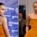 Zoe Saldaña Leans Into Orange Velvet Asymmetry in Alaïa