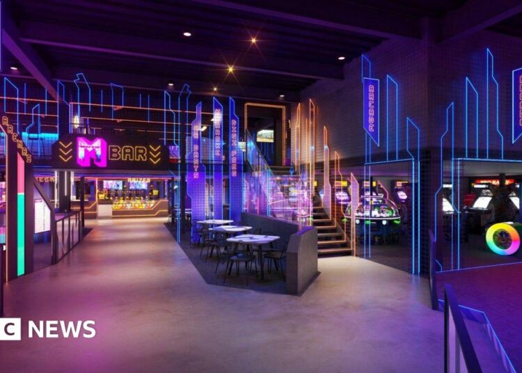 An artist's impression of the inside of Mega City entertainment venue. There are lots of lights of various colours and illuminated signs for a bar and arcade.