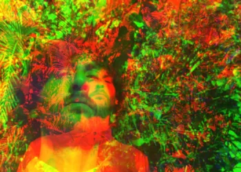 Photo collage of a man superiposed among tropical plants