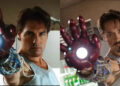 Two men wearing white tank tops imitate the Iron Man pose, each with a glowing mechanical hand extended toward the camera. The left man has brown hair; the right has similar hair and a goatee.