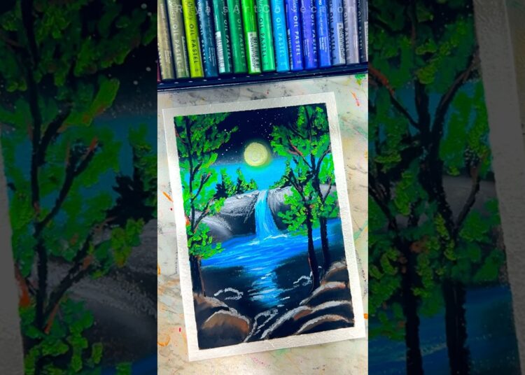 Beautiful Night waterfall Drawing 💦with Oil Pastels | Step-by-step Art Tutorial #shorts #art