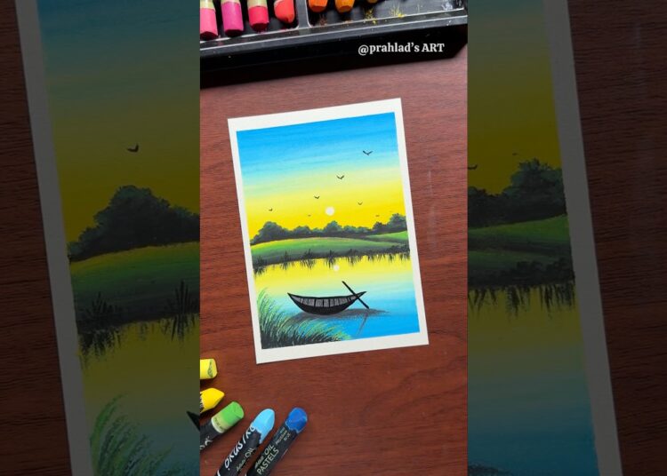 Easy Sunset Lake Scenery Drawing with Oil Pastels | Beautiful Nature Art