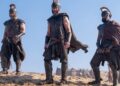 L to R: Jimmy Gonzales as Cepheus, Matt Damon as Odysseus and Himesh Patel as Eurylochus in a scene from "The Odyssey."