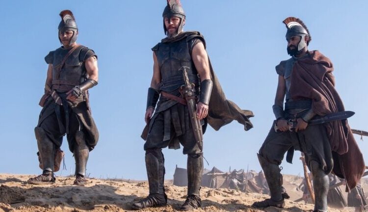 L to R: Jimmy Gonzales as Cepheus, Matt Damon as Odysseus and Himesh Patel as Eurylochus in a scene from "The Odyssey."