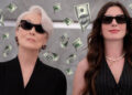 Meryl Streep as Miranda Priestly and Anne Hathaway as Andy Sachs in an elevator surrounded by money in The Devil Wears Prada 2