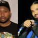 DJ Akademiks wearing a cap and black shirt, and Drake holding a microphone in a blue jacket, smiling.