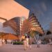 Rendering of silver layered sculpture on OCVIBE concert hall.