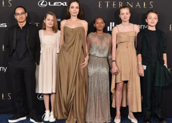 Maddox Jolie-Pitt, Vivienne Jolie-Pitt, Angelina Jolie, Knox Jolie-Pitt, Shiloh Jolie-Pitt, and Zahara Jolie-Pitt attend the Los Angeles Premiere of Marvel Studios'